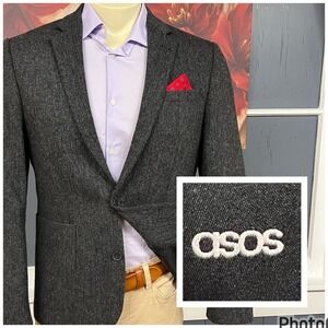 Asos Tweed Blazer Sport Coat Mens 42S Short Modern Slim Fit Charcoal Herringbone